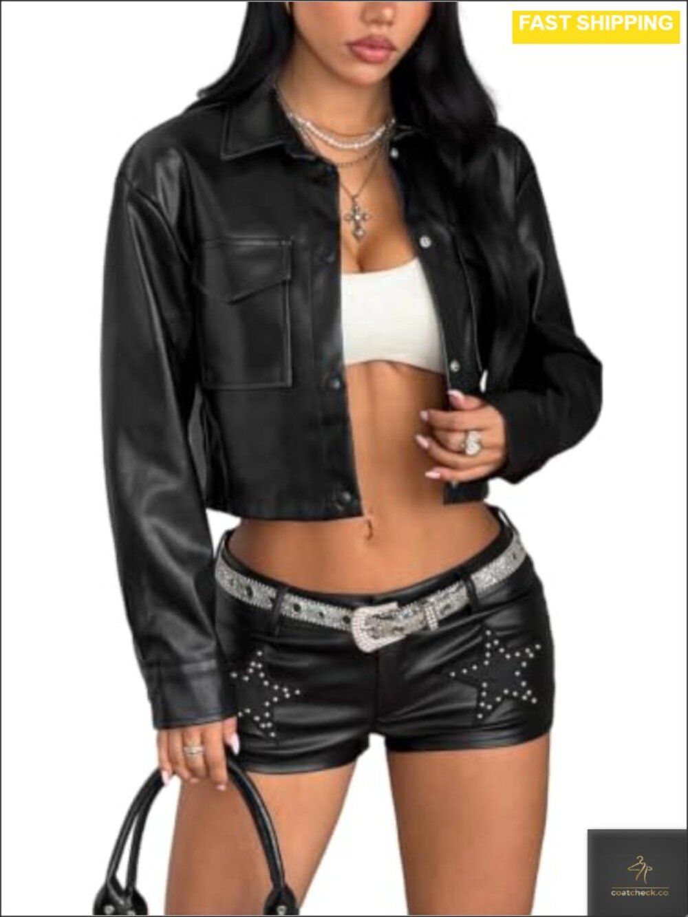 PU Leather Cropped Moto Jacket Button Up Long Sleeve Streetwear